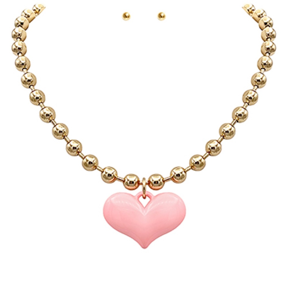 Puffy Heart & Ball Chain Necklace Set